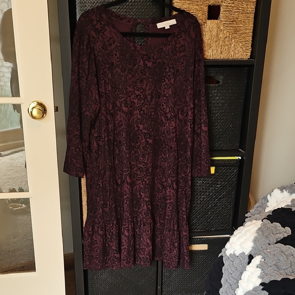 LOFT Deep Purple And Black Long Sleeve Dress